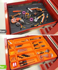 Before and after of 42 Pack Tool Box Organizer With Interlocking Tool Tray Dividers For Drawer Storage In Rolling Tool Chest Cart Or Workbench Orange Keeps Hardware Screws Nuts Small Tools Neatly Sorted And Ready To Grab During Busy Projects in tool chest, showing messy and organized drawer.