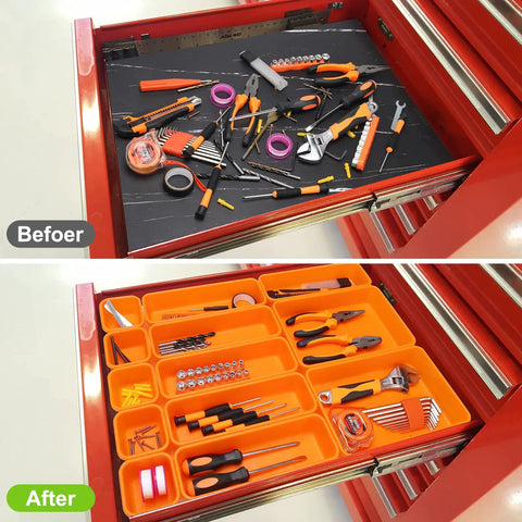 Before and after of 42 Pack Tool Box Organizer With Interlocking Tool Tray Dividers For Drawer Storage In Rolling Tool Chest Cart Or Workbench Orange Keeps Hardware Screws Nuts Small Tools Neatly Sorted And Ready To Grab During Busy Projects in tool chest, showing messy and organized drawer.