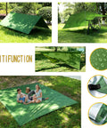 Multifunctional setup of Oversized Waterproof Rain Fly Camping Hammock With Mosquito Net And Tree Straps Carabiners Poles And Gear For Backpacking Hiking And Backyard Use Army Green