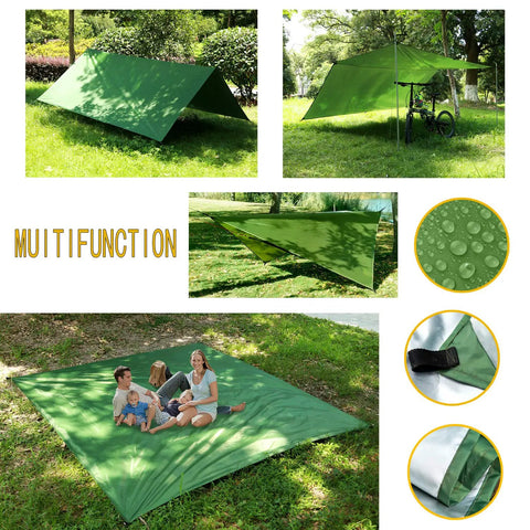 Multifunctional setup of Oversized Waterproof Rain Fly Camping Hammock With Mosquito Net And Tree Straps Carabiners Poles And Gear For Backpacking Hiking And Backyard Use Army Green
