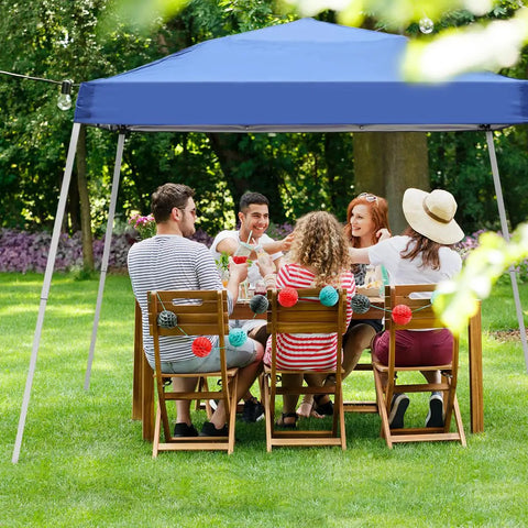 Group dining under blue Pop Up Canopy Tent 10x10 Ft With Slant Leg Frame, No Hassle Setup Gazebo Shelter For Patio Deck Garden And Beach