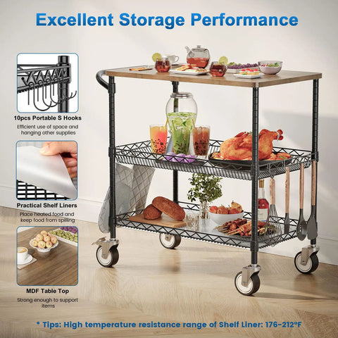 Rolling Kitchen Cart With Wheels, 3-Tier Heavy Duty Utility Cart With Wood Top, NSF-Listed Metal Serving Cart with handle