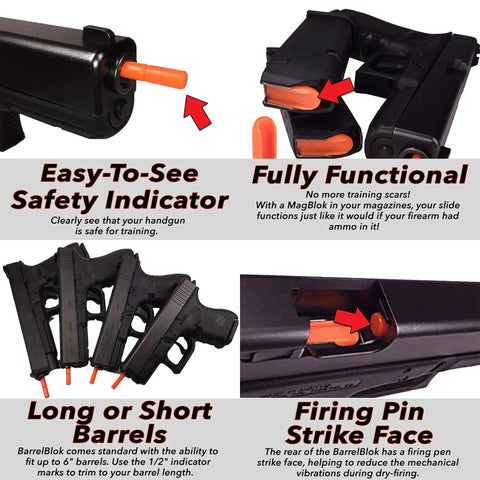 9mm Dry Fire Practice Tool For Any Handgun Universal Fit With 3 MagBlok Inserts No Tools Needed depicts safety indicator features