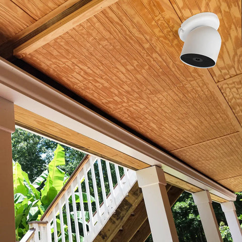 Magnetic wall mount installed outdoors under a wooden ceiling, compatible with Google Nest Cam 2nd gen for flexible angles.