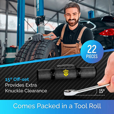 Mechanic using Ratcheting Wrench Set 22-Piece Metric And SAE Reversible Wrenches With Mirror Finish Unbreakable Build in a garage