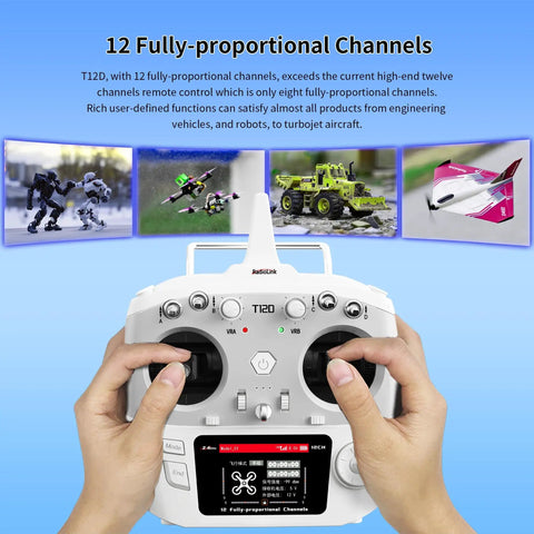 Hands holding T12D 12CH 2 4G RC Transmitter With R12F Receiver, Micro ELRS And TBS Crossfire Compatible, screen displaying settings