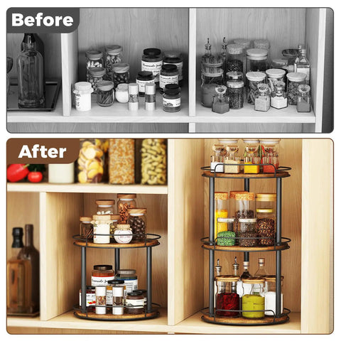 Before and after view: 10.2 Inch Wood Lazy Susan Turntable Organizer For Cabinet And Countertop 2 Tier Spice Rack