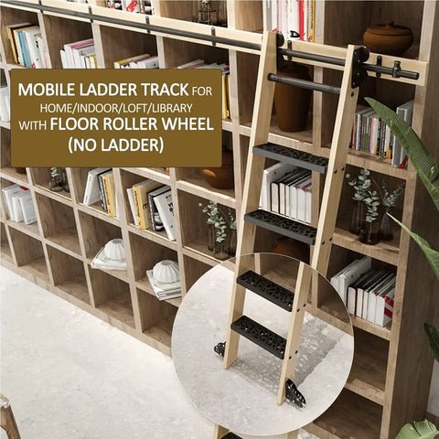 Black Sliding Barn Door Kit With Floor Roller Wheels, Heavy Duty Rolling Ladder Hardware, Steel Round Tube Track For Library
