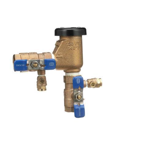 Zurn Wilkins 34-710 3/4-inch pressure vacuum breaker brass assembly with blue handles, side view