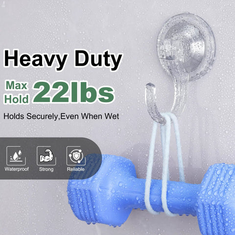 4 Pack Large Suction Cup Hooks For Doors And Windows No Tools No Fuss Wreath Hanger Upgraded 1.9 Inch Diameter Holds Up To 22 Lbs For Front Door Glass Shower Mirrors And Tile holding a blue weight.