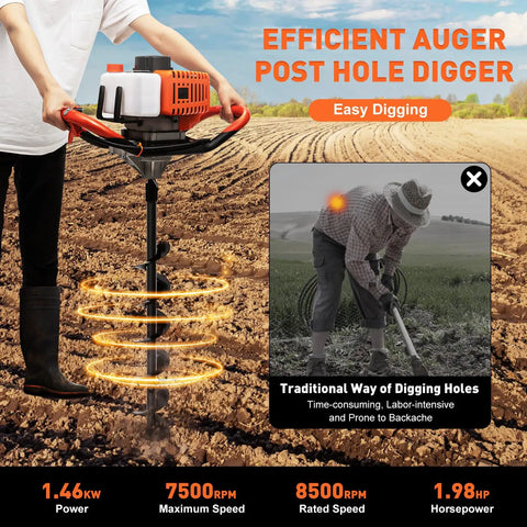 Gas Powered 52cc Earth Auger Post Hole Digger With 12 Inch Extension Bar And 4 Inch 6 Inch And 8 Inch Bits display