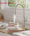 Sleek High Arc Kitchen Faucet With Pull Down Sprayer And Slick Brushed Nickel Finish, high arc spout for easy filling.
