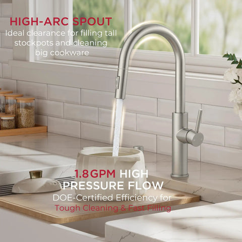 Sleek High Arc Kitchen Faucet With Pull Down Sprayer And Slick Brushed Nickel Finish, high arc spout for easy filling.