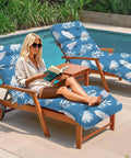 Woman relaxing on Outdoor Chaise Lounge Chair Cushion With Ties 75.1 x 22.8 x 4.7 Inches Waterproof Replacement Cotton Cushion For Patio And Poolside Furniture Blue Leaf
