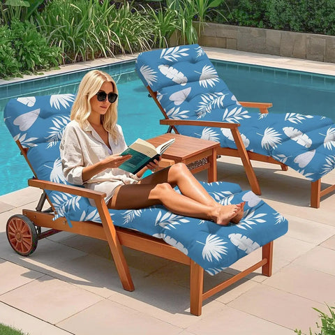 Woman relaxing on Outdoor Chaise Lounge Chair Cushion With Ties 75.1 x 22.8 x 4.7 Inches Waterproof Replacement Cotton Cushion For Patio And Poolside Furniture Blue Leaf