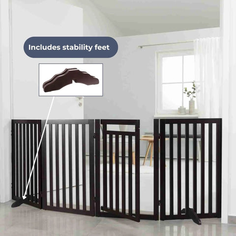 Freestanding 4 Panel Pet Gate With Walk Through Door Adjustable Indoor Dog Barrier Fence with stability feet in living room