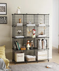 Heavy Duty 12 Cube Storage Organizer Metal Wire Shelf For Closet And Office, Stackable Space Saving Shoe Rack Book Holder, Slick Black Setup For Your Home in a stylish living room setting.