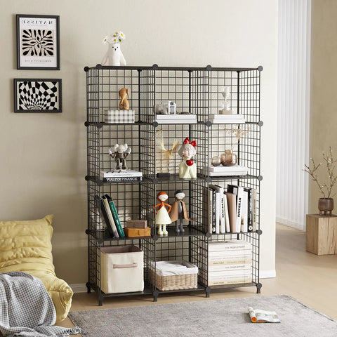 Heavy Duty 12 Cube Storage Organizer Metal Wire Shelf For Closet And Office, Stackable Space Saving Shoe Rack Book Holder, Slick Black Setup For Your Home in a stylish living room setting.