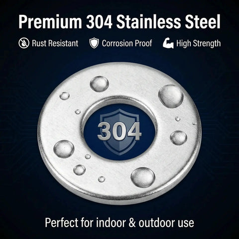Rock Solid 304 Stainless Steel Flat Washers Heavy Duty Assorted Metric Hardware Kit With M2 Through M10 Sizes Rust Resistant Screws And Bolts Built Toughest For Industrial Work And Garage Projects That Never Quit, featuring a stainless steel washer with a smooth finish.
