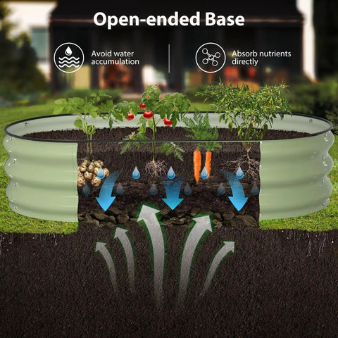 Raised Garden Bed Kit 4x2x1 Ft Beefed Up Galvanized Planter Box With Safety Edging For Outdoor Gardens Deep 12 Inch Beds in avocado green showing open-ended base for water drainage and nutrient absorption.
