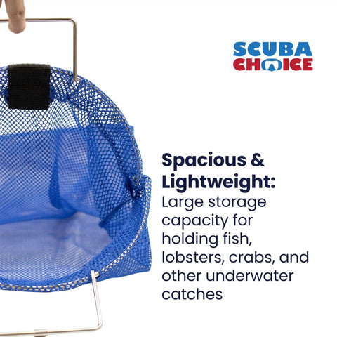 Blue Spearfishing Fish Bag Net With Heavy Duty 5mm Stainless Steel Handle, 24 By 17 Inch Opening, Reinforced Mesh
