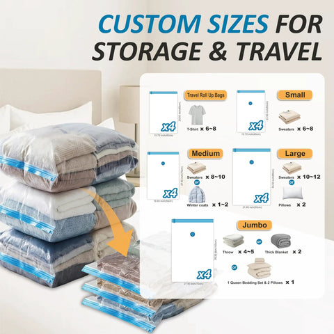 Vacuum Storage Bags 80 Percent Compression Space Saver with size options for clothes, blankets, pillows, bedding in combo pack