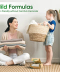 Woman and child doing laundry with Travel Laundry Detergent Sheets Pre Measured Plastic Free Washer Strips Go To Camping.