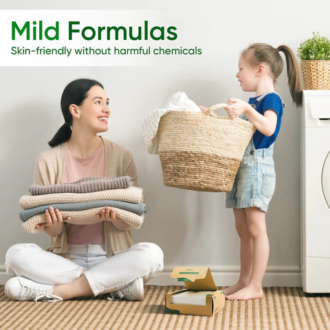 Woman and child doing laundry with Travel Laundry Detergent Sheets Pre Measured Plastic Free Washer Strips Go To Camping.