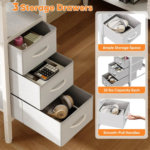 Close-up of fabric drawers in a White L Shaped Desk With Shelf Drawers 47 Inch Corner Computer Desk For Gaming And Study.