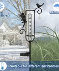 Solar Powered Glass Weather Station Rain Gauge Garden Stake With Freeze Proof Design Fairy Garden Decor next to snow and rain