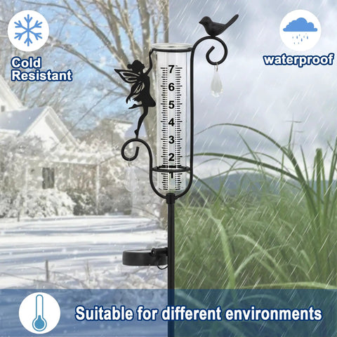 Solar Powered Glass Weather Station Rain Gauge Garden Stake With Freeze Proof Design Fairy Garden Decor next to snow and rain