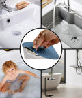 Two Pack Blue Shower Drain Cover With Tub Stopper Crafted From Bpa Free Silicone shown in various uses for kitchens and bathrooms.