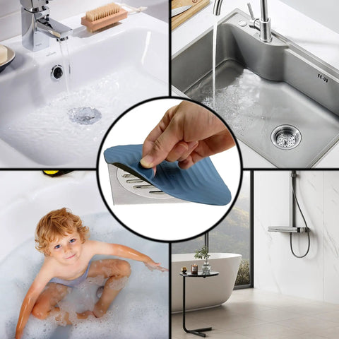 Two Pack Blue Shower Drain Cover With Tub Stopper Crafted From Bpa Free Silicone shown in various uses for kitchens and bathrooms.