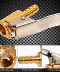 Close-up of Lock On Air Chuck With Clip For 1/4 Inch Pro Grade Brass Portable Tire Inflator Nozzle with barb connector on dark background.