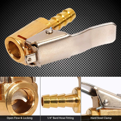Close-up of Lock On Air Chuck With Clip For 1/4 Inch Pro Grade Brass Portable Tire Inflator Nozzle with barb connector on dark background.