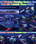 Wireless Charging Gaming Mouse Pad 15W With RGB Lighting, Built In Phone Holder, demonstrating phone charging setup and versatility.