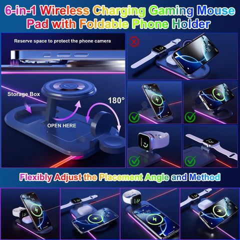 Wireless Charging Gaming Mouse Pad 15W With RGB Lighting, Built In Phone Holder, demonstrating phone charging setup and versatility.