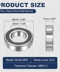 Deep Groove Ball Bearing 32mm x 65mm x 17mm Chrome Steel Double Rubber Sealed ABEC 5 Tolerance Dimensions