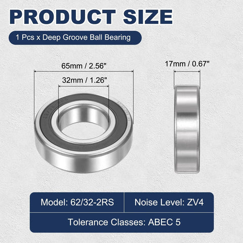 Deep Groove Ball Bearing 32mm x 65mm x 17mm Chrome Steel Double Rubber Sealed ABEC 5 Tolerance Dimensions