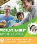 Happy family using Mess Free Quick Twist Oil Drain Valve for DIY oil changes at home with no tools, easy and mess-free.