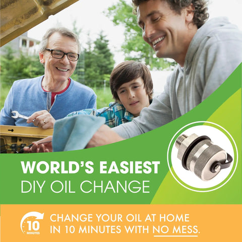 Happy family using Mess Free Quick Twist Oil Drain Valve for DIY oil changes at home with no tools, easy and mess-free.