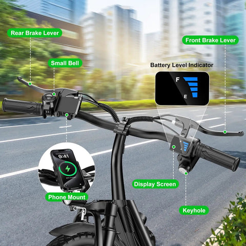 Handlebar and controls of the All Terrain Electric Scooter With Seat For Adults 1600W Peak Power 42 Mile Range 20 MPH Top Speed