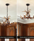 Antler Chandelier Light Fixture With Rustic Deer Design For Dining Room Kitchen Island And Foyer Four Light Brown Finish Energy Saving Lamps Easy Assembly Dope Farmhouse Style with adjustable chain installation options