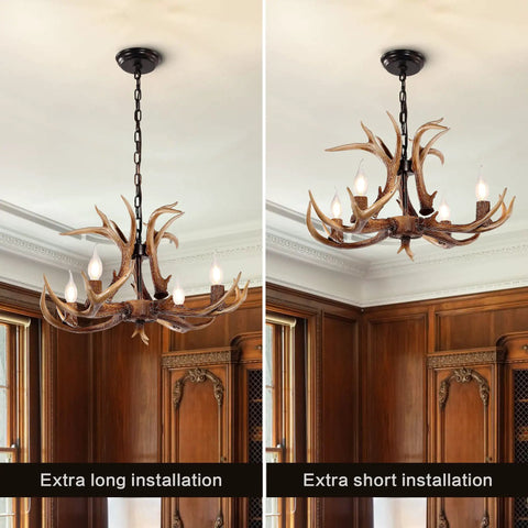 Antler Chandelier Light Fixture With Rustic Deer Design For Dining Room Kitchen Island And Foyer Four Light Brown Finish Energy Saving Lamps Easy Assembly Dope Farmhouse Style with adjustable chain installation options