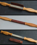 Straight Draw Knife For Wood Carving Featuring Hella Comfy Solid Oak Handles Coated In Natural Linseed Oil Built Tough To Slice Smoothly Through Hardwood, showing blade and leather sheath.