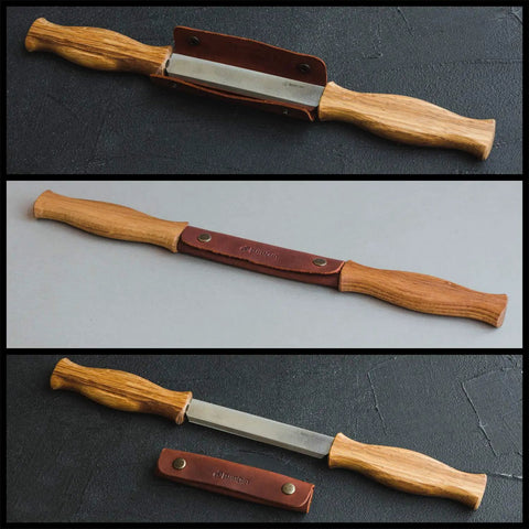 Straight Draw Knife For Wood Carving Featuring Hella Comfy Solid Oak Handles Coated In Natural Linseed Oil Built Tough To Slice Smoothly Through Hardwood, showing blade and leather sheath.