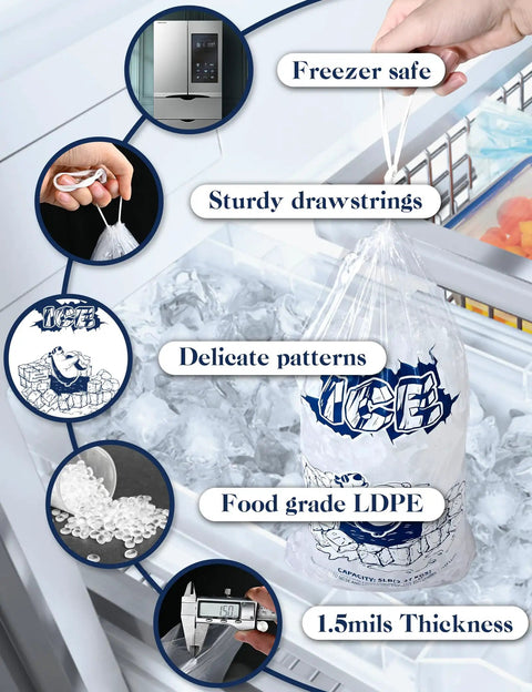 5 Lb Ice Storage Bags With Drawstring, 50 Pack Plastic Ice Bags For Ice Maker And Freezer, showing drawstring and freezer safe label