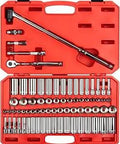 73-piece 3/8 Inch Drive Socket Set with shallow and deep 12 point sockets and ratchet in red case, includes 1/4 to 1 inch, 6 to 24 mm range