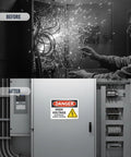 Before and after image showing electrical panel with and without Danger High Voltage Electrical Shock Hazard Sign 10 By 14 Inches OSHA Metal Sign Made From 40 Mil Laminated Rustproof Aluminum Multicolor Outdoor Indoor Use Easy Mount With Four Corner Holes.