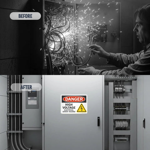 Before and after image showing electrical panel with and without Danger High Voltage Electrical Shock Hazard Sign 10 By 14 Inches OSHA Metal Sign Made From 40 Mil Laminated Rustproof Aluminum Multicolor Outdoor Indoor Use Easy Mount With Four Corner Holes.